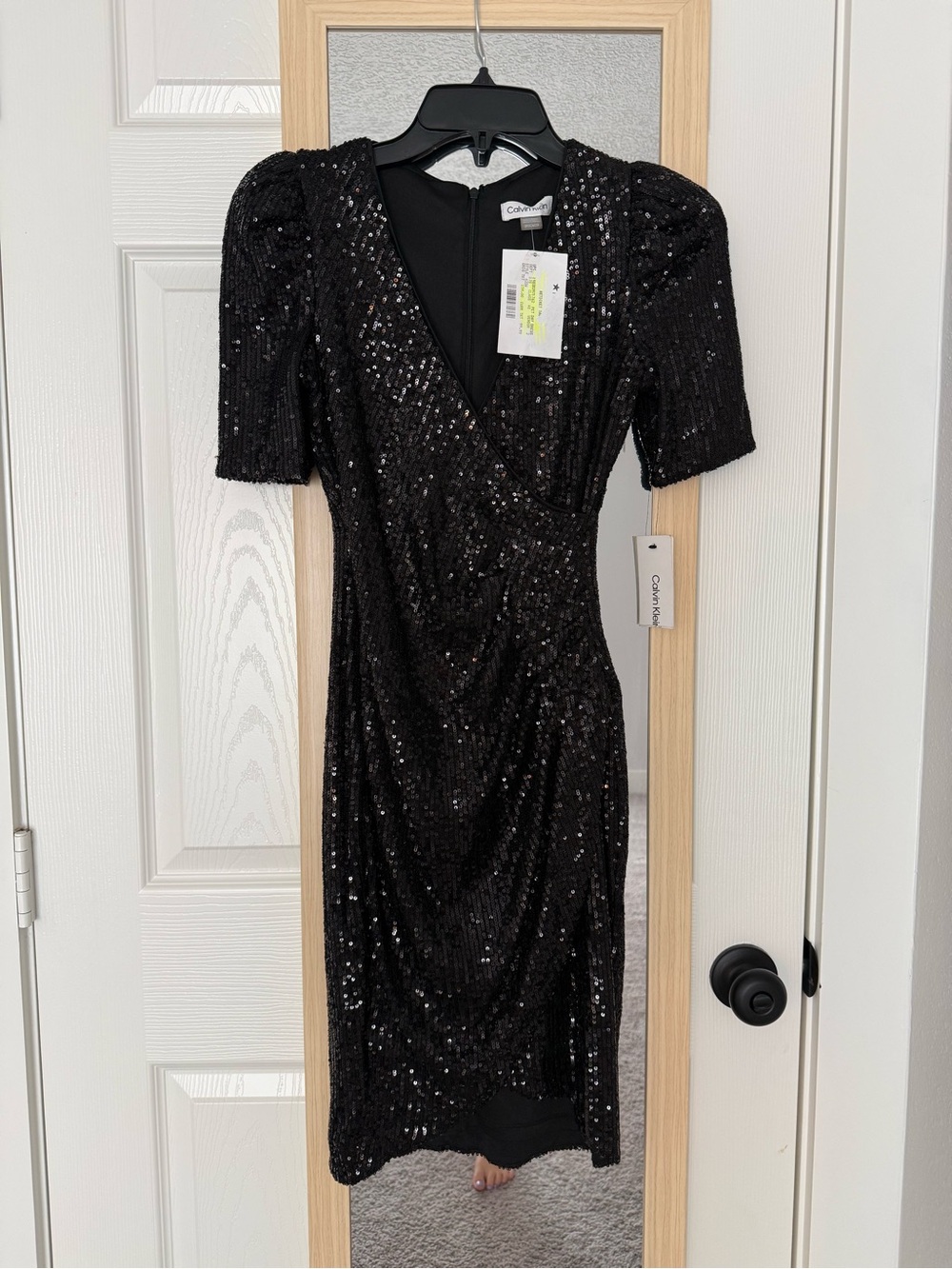 Calvin Klein Black Sequin Midi Dress with Puff Sleeves